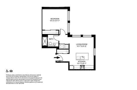 Floor plan for 1 bed, 1 bath, 620 sqft